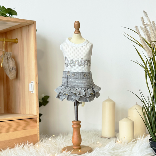 Light-Grey Denim Skirt Two-Piece Set