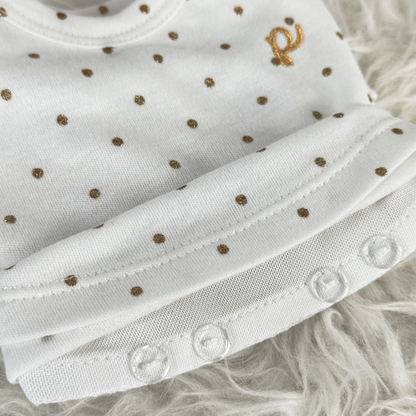 Band with buttons that allows for interchangeability of White with Gold Speckles Tee (Available in other Designs) sold at Velymon SG