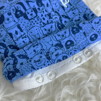 Button Seam of Blue Puppy Palooza Interchangeable Tee (Available in other Designs) to allow for easy interchangeability of pet clothes sold at Velymon SG