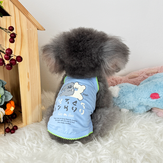 Luna (Silver Teacup Poodle) wearing a cozy, blue Sleeveless Singlet top - 520 Chingu Top (Available in 4 Colours) sold at Velymon SG.