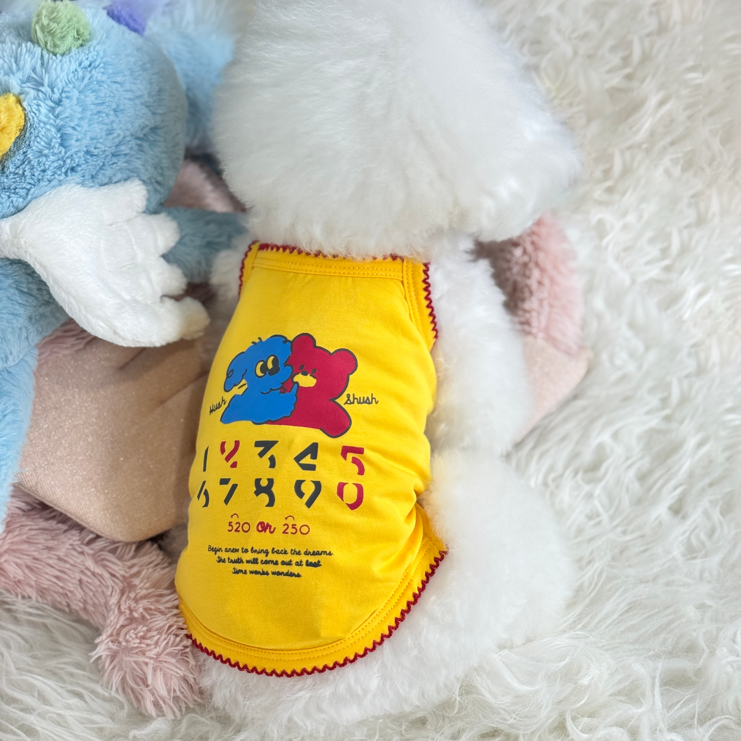 Mochi (Teacup Bichon) wearing a cozy, yellow Sleeveless Singlet top - 520 Chingu Top (Available in 4 Colours) sold at Velymon SG.