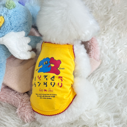Mochi (Teacup Bichon) wearing a cozy, yellow Sleeveless Singlet top - 520 Chingu Top (Available in 4 Colours) sold at Velymon SG.