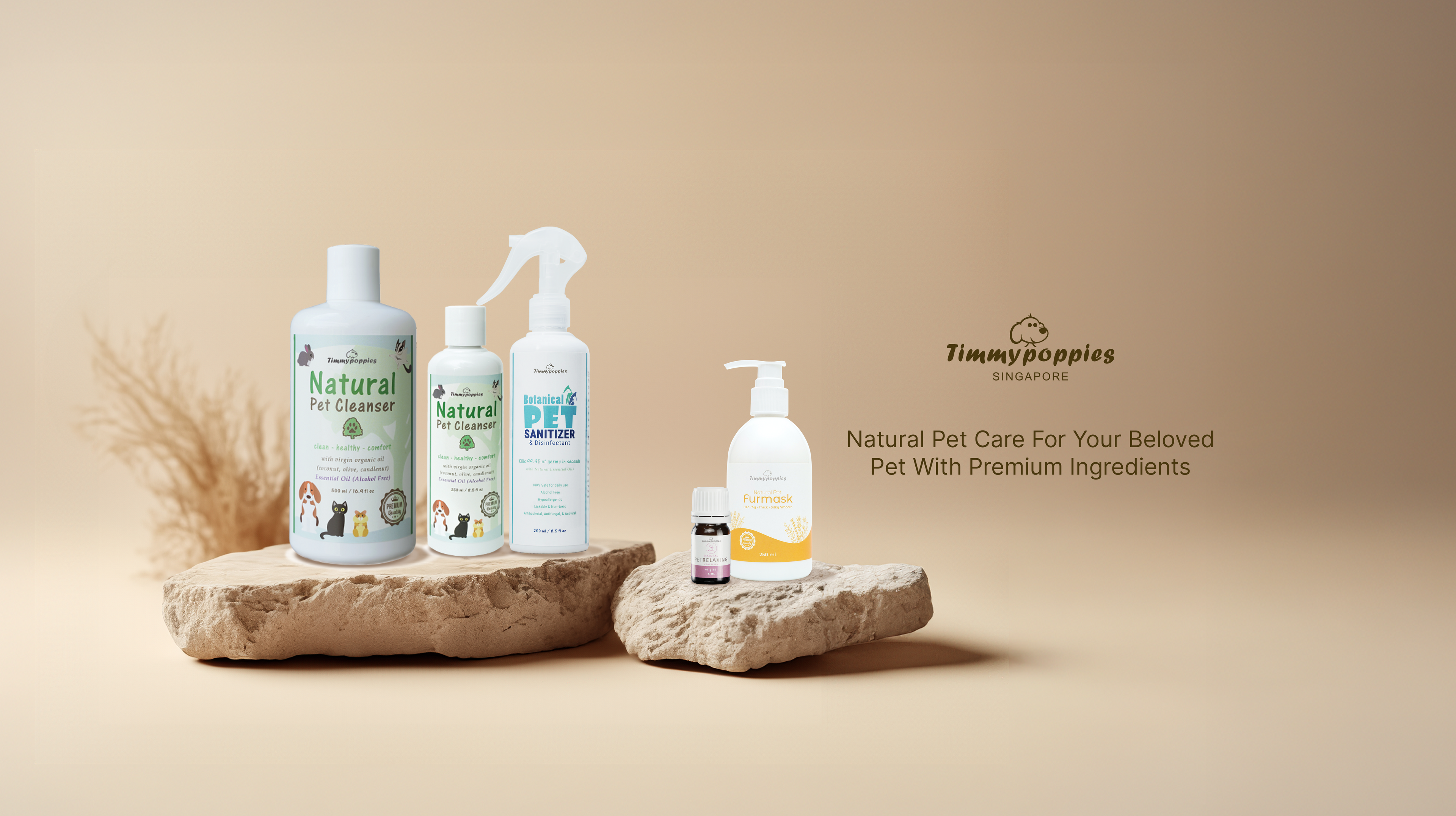 TimmyPoppies natural pet care products hand-made in small batches and crafted with premium, high quality and hypoallergenic ingredients distributed by Velymon SG 